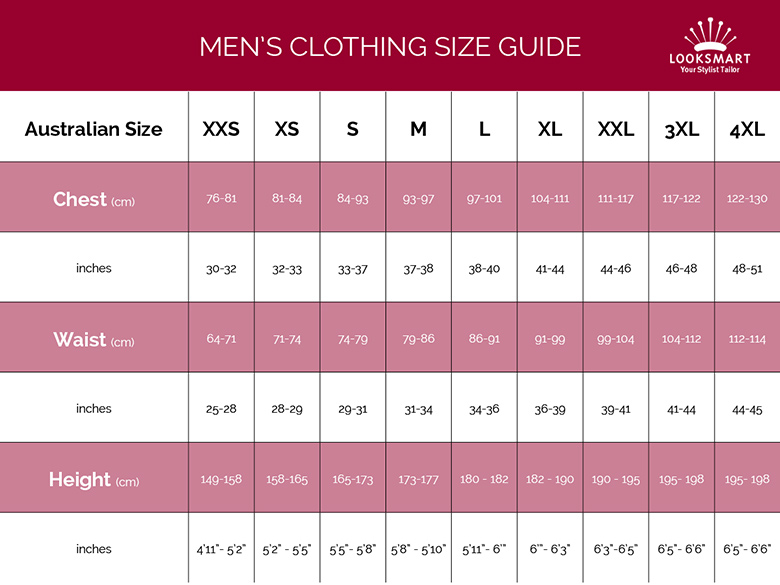 Men's clothing size chart